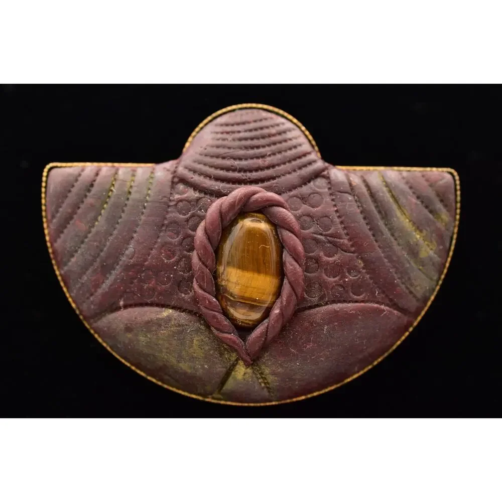 Vintage Tiger's Eye Cabochon Pin Brooch Brutalist Gold Tone Chunky 1970s 9B